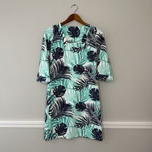 Katherine Way Leaf Print Dress XS Blue Green Resortwear Preppy 3/4 Sleeve Cruise